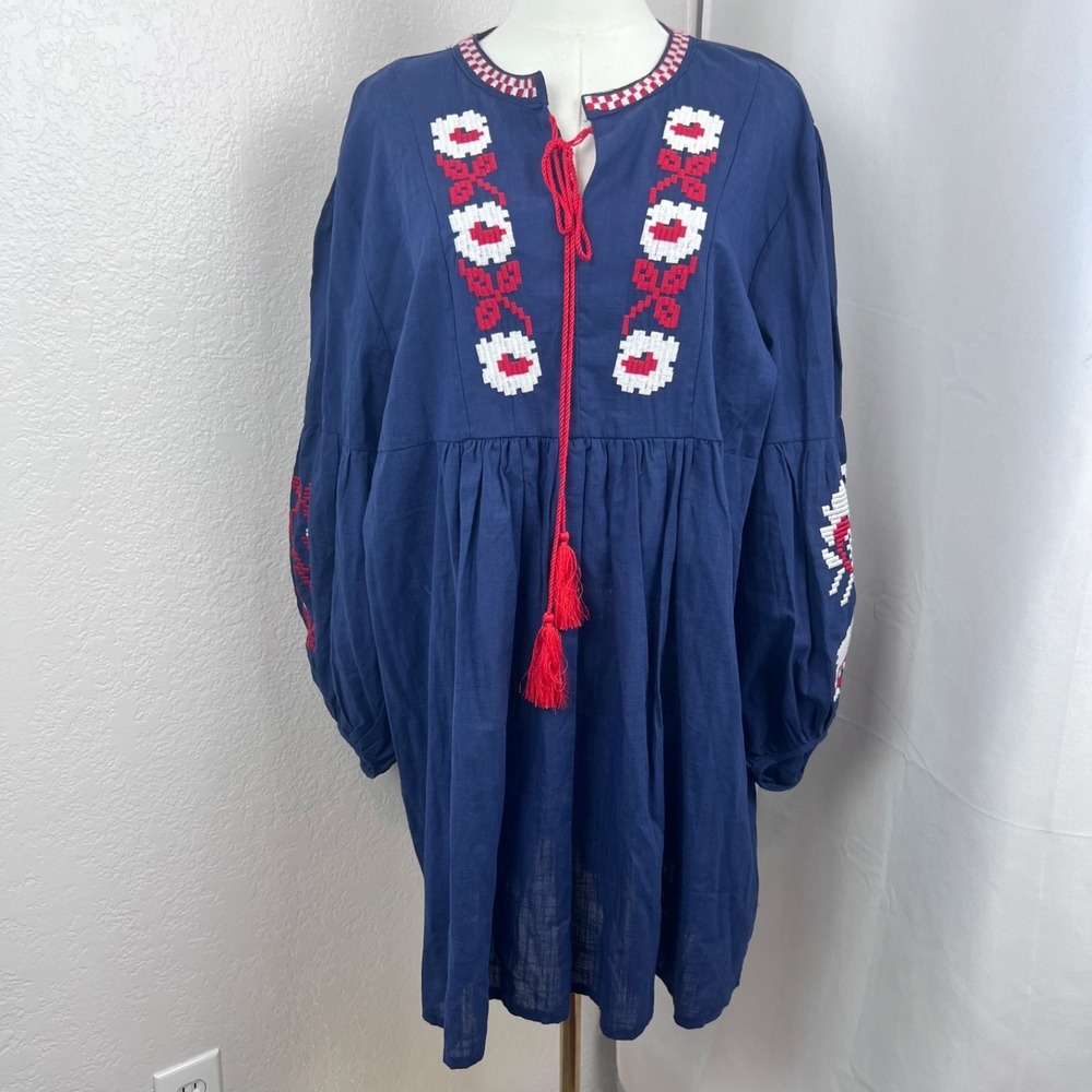 Velzera Tunic Top Womens‎ 2X Blue Floral Embroidered Boho Cottagecore Gauzy NWT